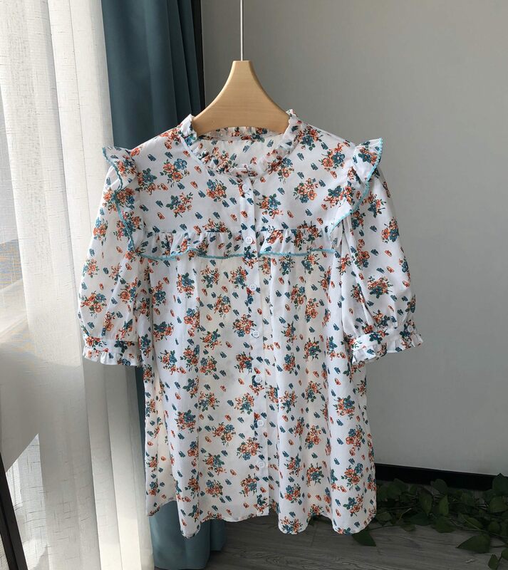 قميص مطبوع عليه زهور حريمي 100% قطن كشكشة واحدة الصدر بلوزة سويت فريش بأكمام قصيرة صيف 2021