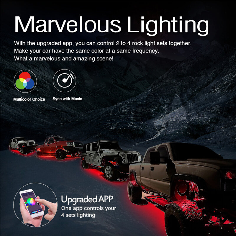 Micضبط سم 8 القرون RGB LED أضواء الصخور اللاسلكية App متعدد الألوان النيون LED مجموعة إضاءة ل جيب شاحنة سيارة ATV SUV مركبة قوارب