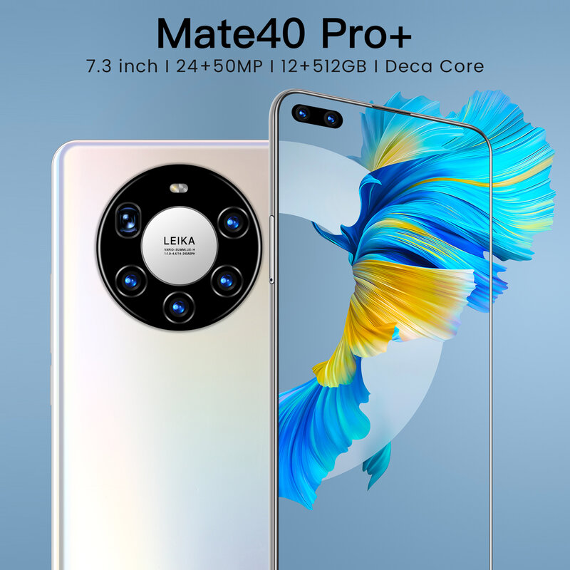 هاتف محمول طراز 7.3 "Mate40 Pro + هاتف خلوي 5G LTE MTK6889 معرف الوجه 6000mAh 12GB RAM 512GB ROM بشريحتين الإصدار العالمي للهواتف الذكية Hauwe