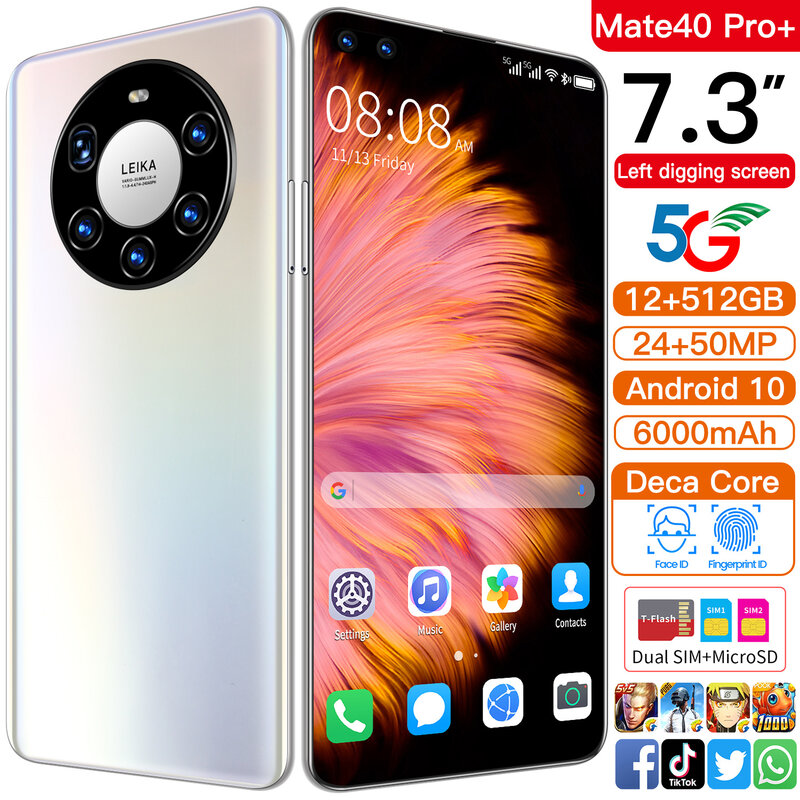 هاتف HUAWE Mate40 Pro + 5G إصدار عالمي هاتف ذكي بشاشة 7.3 بوصة عالية الدقة كاميرا 50 ميجابكسل MTK6889 + معالج عشاري النواة 6000mAh 16G 512G هاتف خلوي