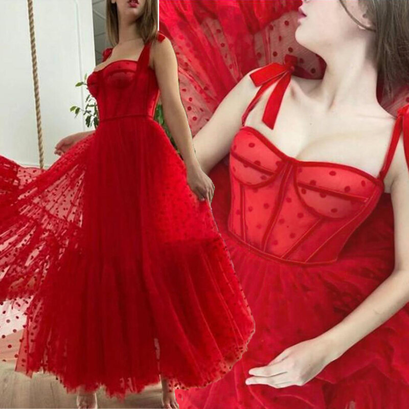 2021 الأحمر تول فستان سهرة لحفلات الزفاف السباغيتي الأشرطة مثير فساتين لحضور الحفلات الموسيقية خط طول الأرض الكرة ثوب رداء دي Soiree