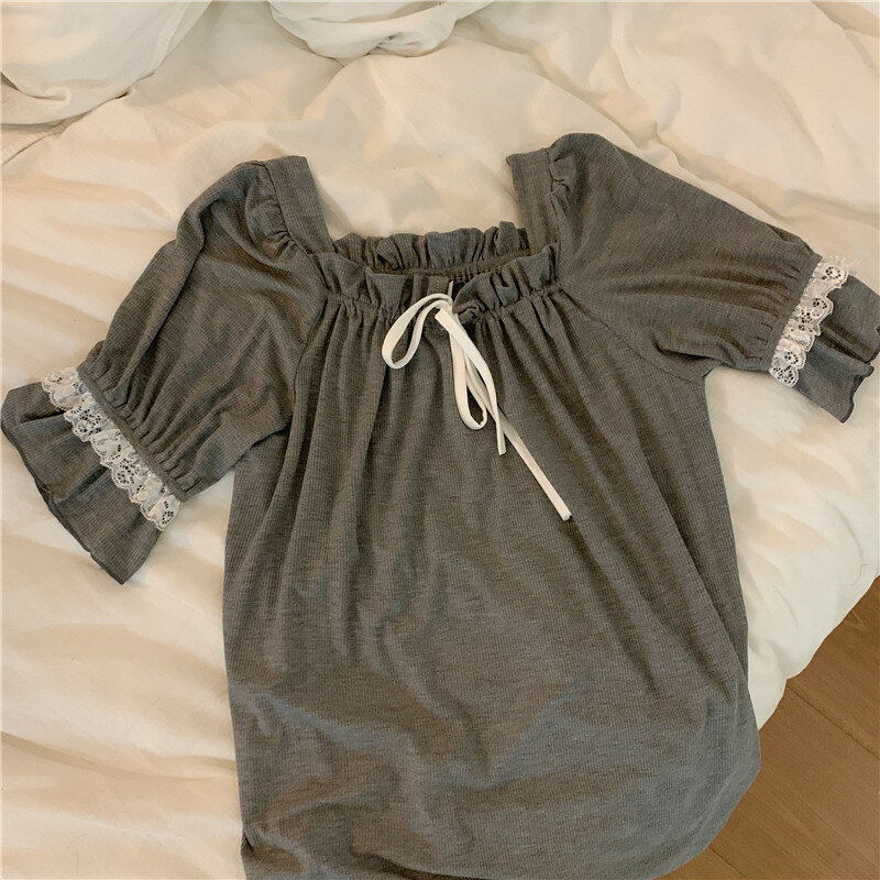 CAIYIER القطن بلون الصيف النساء قمصان النوم الكورية لينة الدانتيل قمصان النوم الحلو Kawaii عادية كم قصير طويل النوم