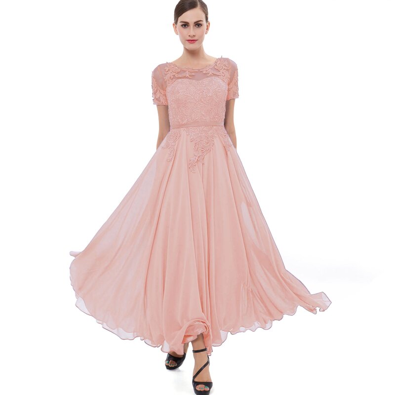 فستان سهرة طويل مزين باللون الأرجواني من Dressv ذو رقبة مغرفة وأكمام قصيرة من الشيفون فساتين سهرة أنيقة من الدانتيل للحفلات الراقصة