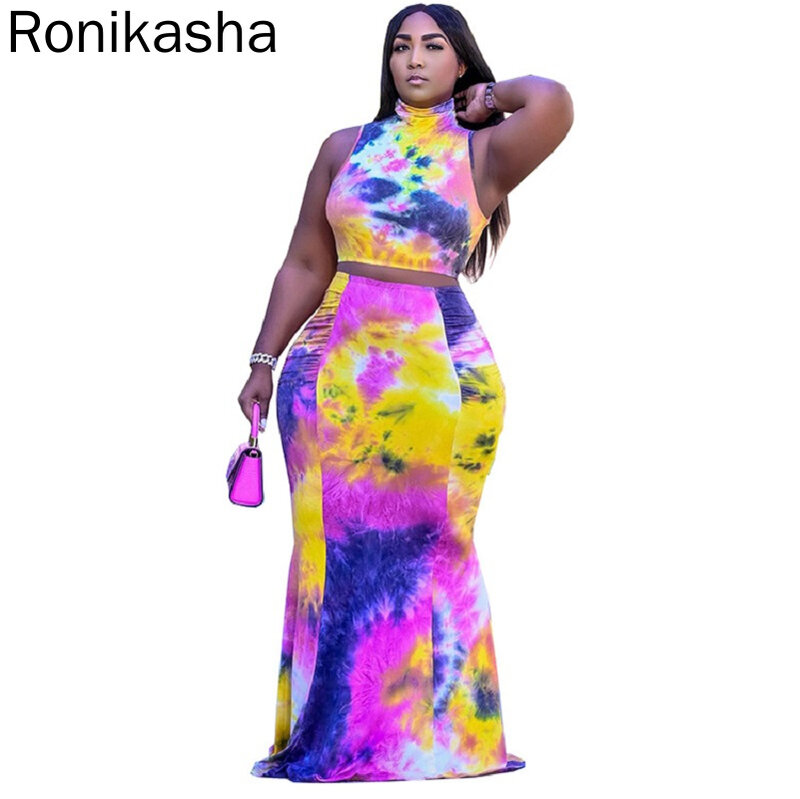 Roniksha S-5XL حجم كبير مجموعات النساء الملابس الصيف مثير التعادل صبغ أكمام أعلى تنورة طويلة 2 قطعتين مجموعة فستان دعوى بالجملة