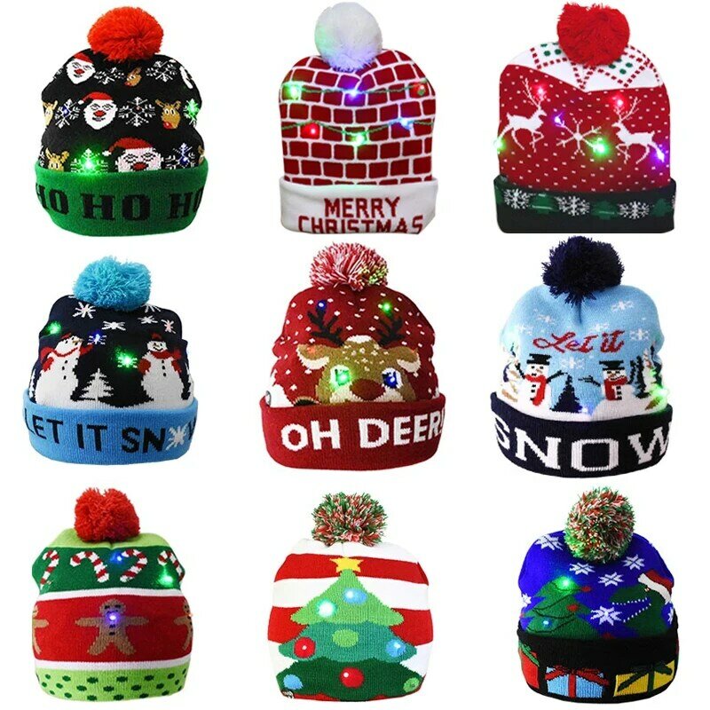 2022 السنة الجديدة LED محبوك قبعة عيد الميلاد قبعة تضيء تضيء قبعة تدفئة للطفل الكبار السنة الجديدة عيد الميلاد الديكور navidad