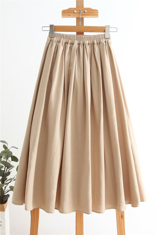 ASHIOFU-فستان نسائي من القطن والكتان ، تنورة متوسطة الطول بطيات ريترو ، للربيع والصيف ، 2021