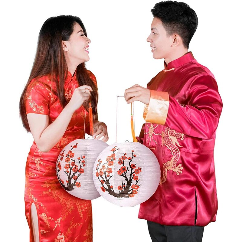 6 حزمة 12 بوصة أزهار الكرز الأحمر ورقة فانوس أبيض مستدير الصينية اليابانية مصباح ورقي للمنزل حفل زفاف الديكور