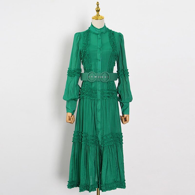 فستان صيفي WQJGR للنساء بأكمام كاملة مع وشاحات عادية نمط أخضر للحفلات فستان أنيق Vestidos De Fiesta
