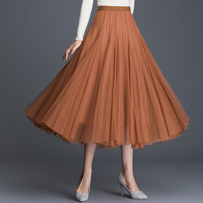 تنورة طويلة شبكية أنيقة للنساء ، خصر مرن عالي ، لون سادة ، A- Line ، تنورة شاطئ بوهيمية ، مجموعة صيف 2020 الجديدة