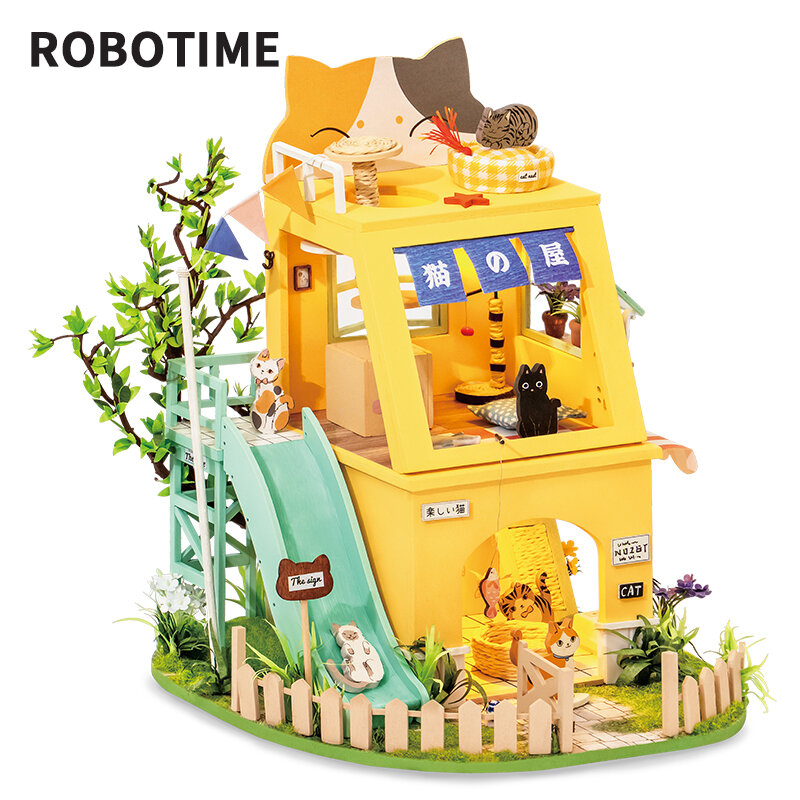 Robotime Rolife بيت قطة خشبية مصغرة دمية هدايا لعب للأطفال الكبار الفتيات بيت الدمية DG149