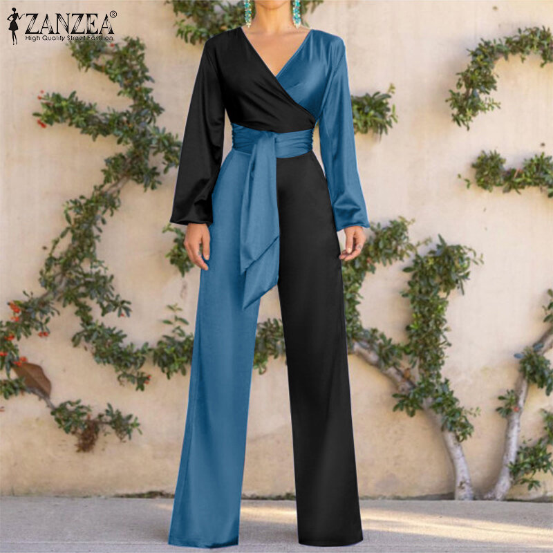 أزياء الخريف للنساء 2021 ZANZEA أنيقة صلبة مرقعة ثوب فضفاض موضة للحفلات برقبة على شكل V بدلة لعب للسيدات غير رسمية OL