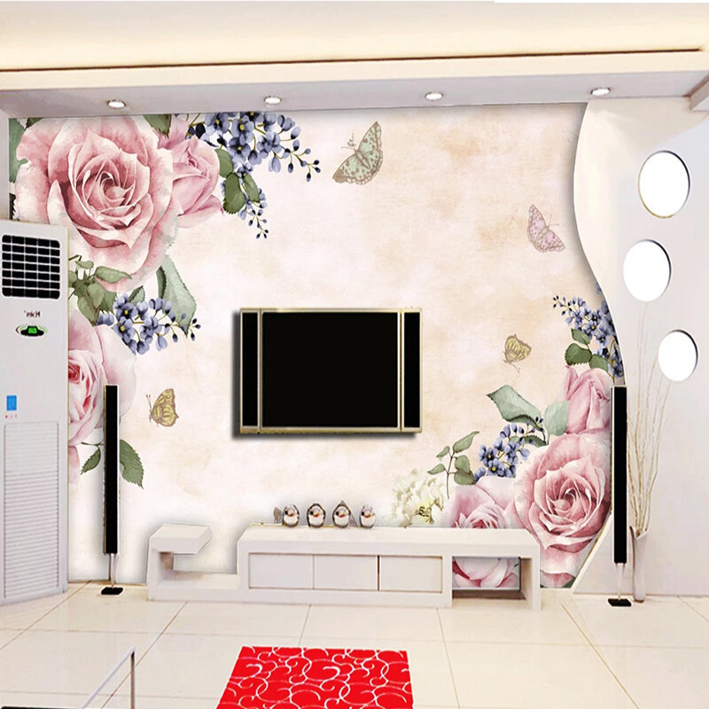 ورق حائط ثلاثي الأبعاد حديث بسيط مرسومة باليد زهور وردية جدارية لغرفة المعيشة أريكة تلفزيون غرفة نوم ديكور منزلي رومانسي طلاء جدران جدارية