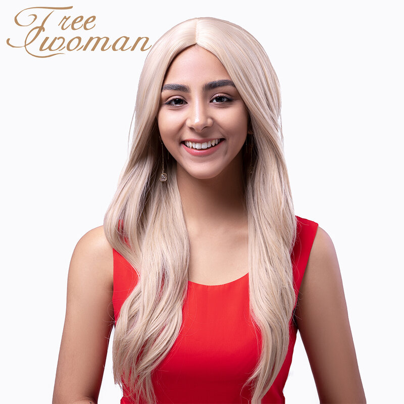 FREEWOMAN-شعر مستعار أشقر طويل مموج 20 بوصة ، اصطناعي ، مع فراق مركزي ، خط شعر طبيعي ، مقاوم للحرارة ، شعر احتفالي للنساء