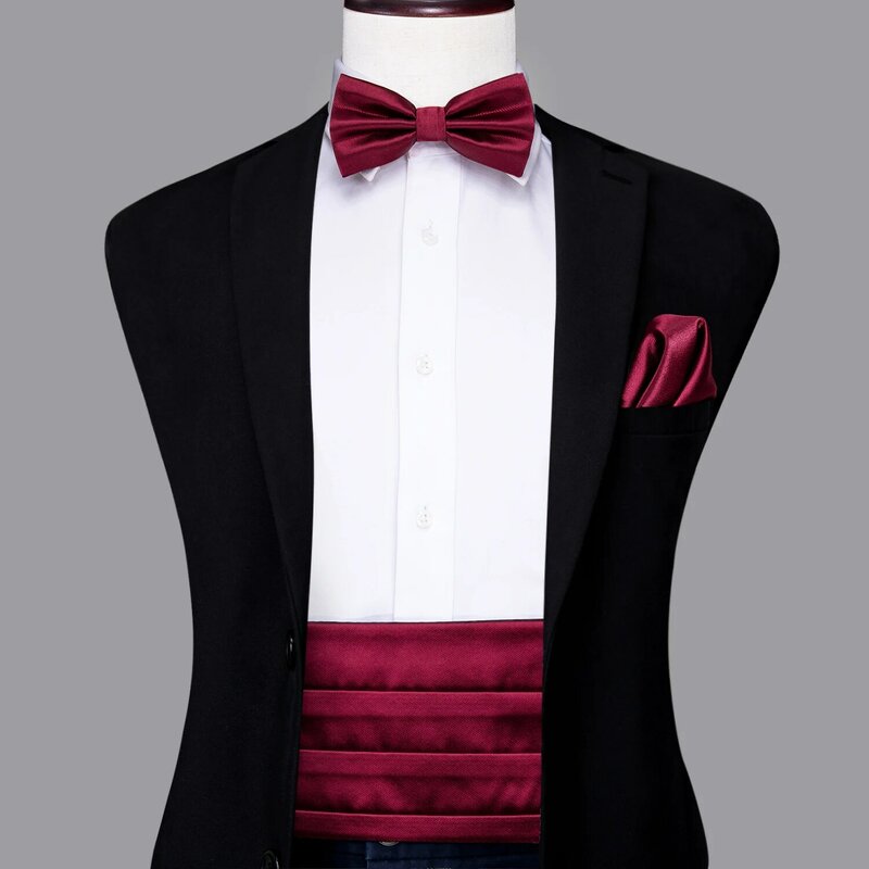 ربطة عنق عالية للرجال ، مع ربطة عنق ومنديل ، حرير ، عنابي ، أحمر