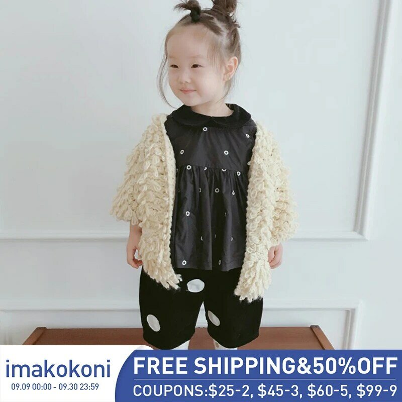 Imakokoni-كارديجان سميك منسوج يدويًا للبنات ، ملابس أطفال أصلية ، سترة محبوكة ، سترة من الكروشيه ، المشمش ، الخريف والشتاء