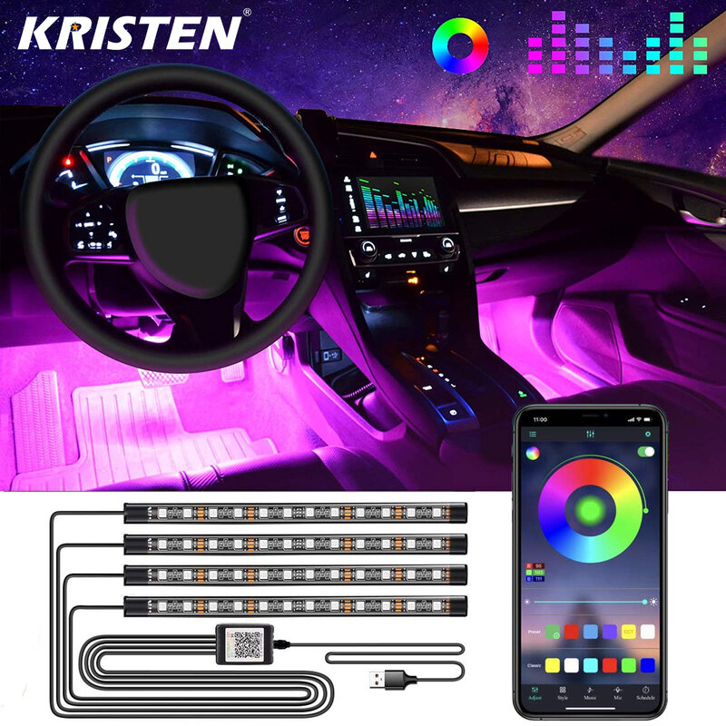 سيارة الداخلية ضوء RGB LED شرائط مصباح الزخرفية مع USB اللاسلكية عن بعد تحكم بالموسيقى وسائط متعددة سيارة القدم ضوء