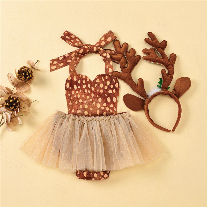 جمبسوت دانتيل للفتيات الصغيرات ، بدلة كرتونية مع طباعة الغزلان ، أزياء الكريسماس التنكرية