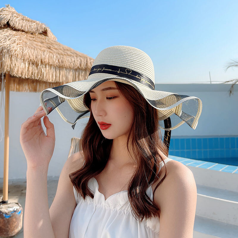 جديد قبعة من القش بحافة عريضة الدانتيل قبعات الشاطئ النساء أزياء السيدات الصيف UV حماية طوي الشمس الظل قبعة قبعة الشمس #4