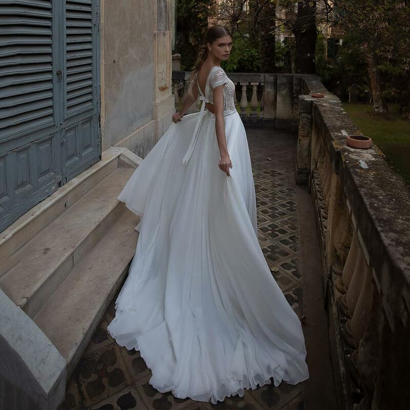 فساتين زفاف جديدة من Thinyfull برقبة على شكل V وأكمام طويلة من الشيفون بدون ظهر زينة Vestido De Novia 2020