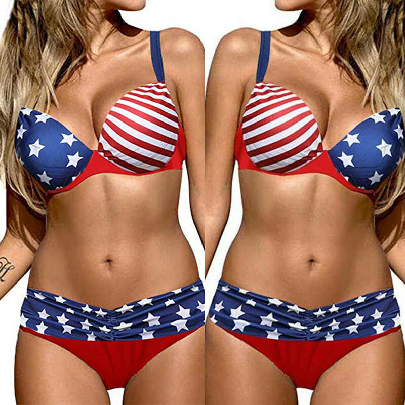 امرأة بيكيني ملابس السباحة العلم الأمريكي طباعة مبطن قطعتين ثوب السباحة النساء Hot البيع مبطن البرازيلي الأشرطة عالية الخصر ملابس السباحة