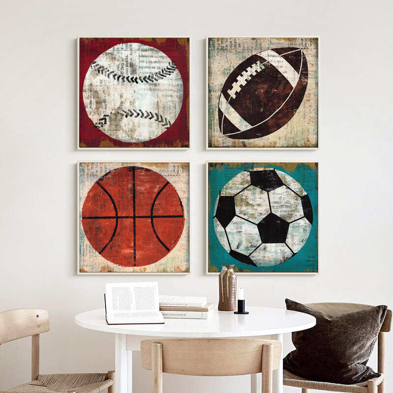 خمر كرة القدم الأمريكية كرة القدم البيسبول كرة السلة حائط لوح رسم الفن الرجعية الزخرفية يطبع في سن المراهقة غرفة الاطفال الديكور