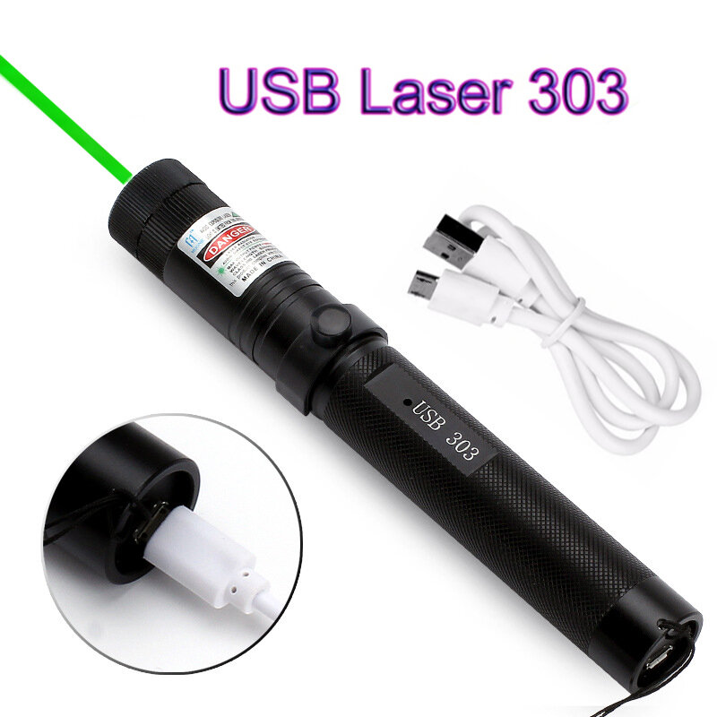 عدسة رؤية بالليزر الأخضر ليزر USB تهمة 303 مؤشر ضوء 532 نانومتر 5mw عالية الطاقة جهاز الليزر قلم ليزر حرق