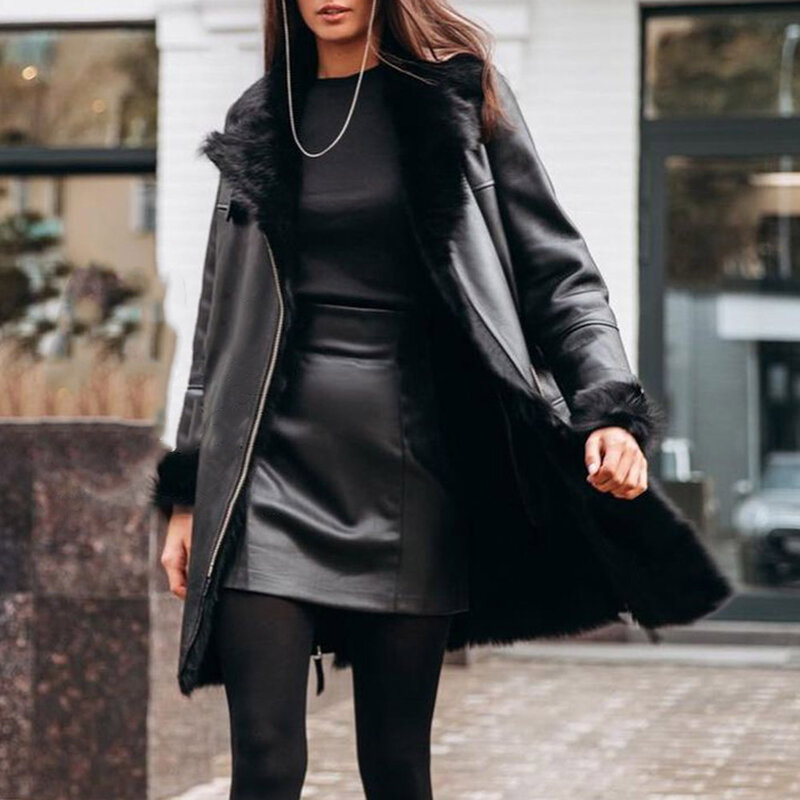 المرأة الفراء طوق معطف الفرو 2021 شتاء جديد أسود تصميم موضة طويلة الأكمام معطف الفرو ملابس النساء غير رسمية