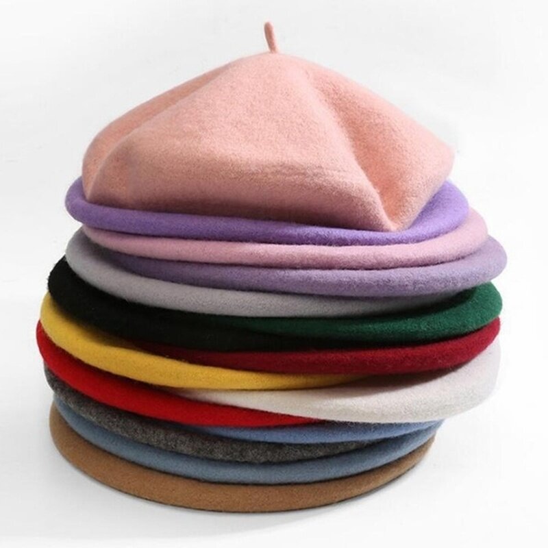 قبعة صوفية أنيقة لفصل الشتاء ، للنساء والفتيات ، الفنان الفرنسي ، قبعة دافئة ، قبعة عتيقة عادية ، قبعة بلون عادي