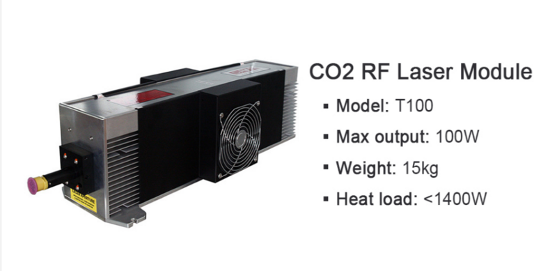 وحدة ليزر CO2 100 واط وحدة الترددات اللاسلكية الليزر T100 100 واط الطول الموجي 10.6nm مدخلات امدادات الطاقة DC48V 28A