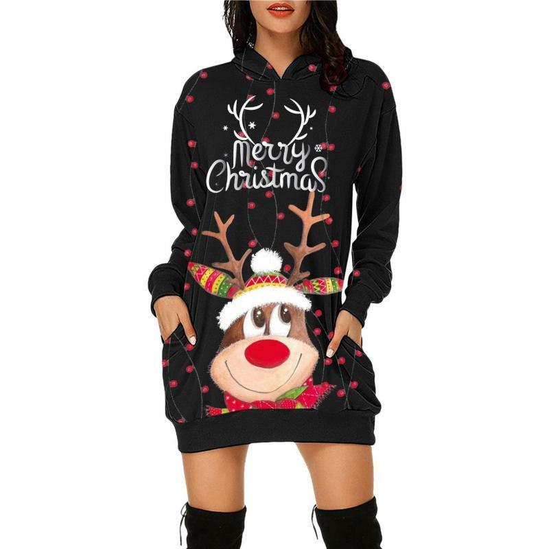 سترة على الموضة للسيدات 2021 سلسلة كريسماس فستان مطبوع كنزة قطيفة مع قبعة بأكمام طويلة سترة ضيقة كبيرة الحجم