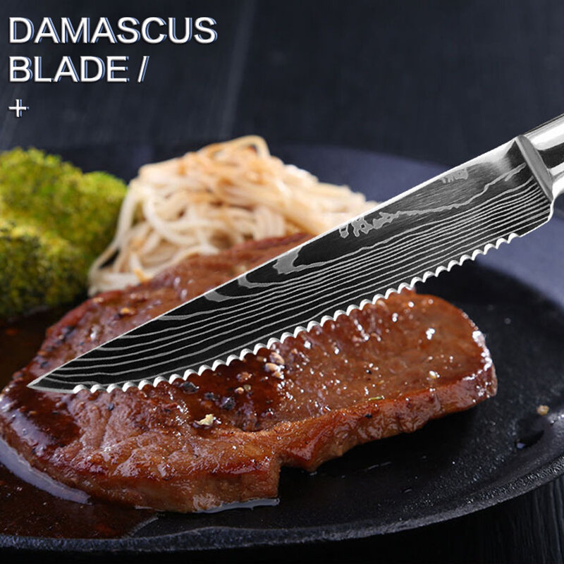 الفولاذ المقاوم للصدأ الغربية سكين لحوم ، دمشق نمط مسننة سكين ، متعددة الوظائف سكين الطاهي ، الراتنج مقبض فندق الجدول سكين