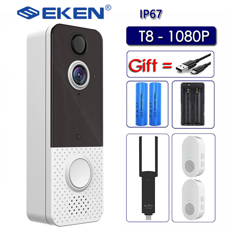 EKEN T8 IP67 مانعة لتسرب الماء الذكية كاميرا فيديو بالجرس واي فاي 1080P البصرية إنترفون للرؤية الليلية IP جرس الباب PIR كاميرات لاسلكية