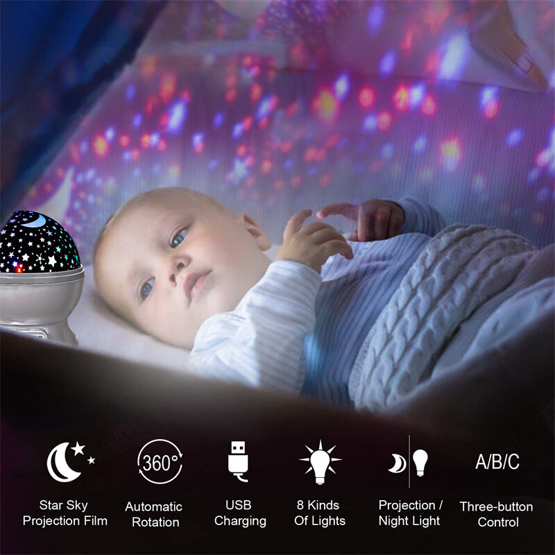 ليلة ضوء القمر ستار العارض 360 درجة دوران غالاكسي LED ضوء الليل للأطفال غرفة نوم الاطفال زينت أضواء العارض
