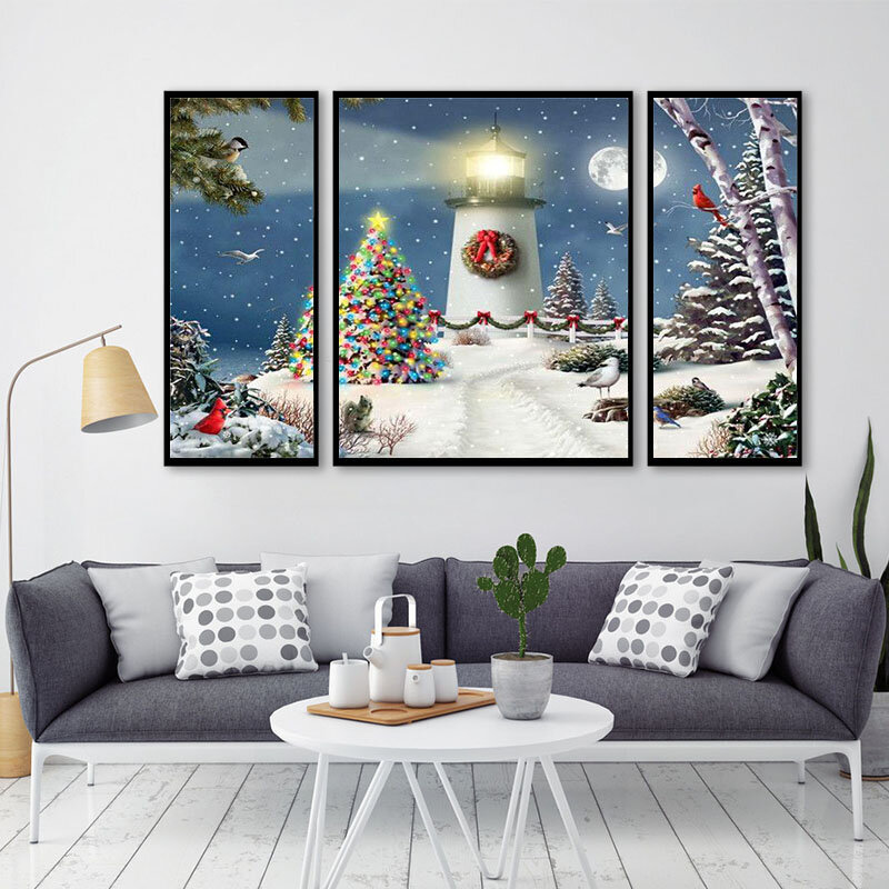Gatyztor 3 قطعة دهان داي حسب عدد الشتاء المشهد صور حسب عدد الرسم على قماش مرسومة باليد شجرة عيد الميلاد المنارة