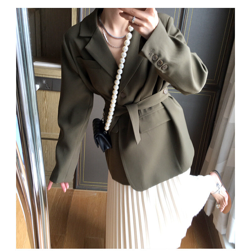 3 ألوان أنيقة حزام البدلة الستر المرأة 2021 الخريف كم طويل الكورية ريترو السترة معطف 3833