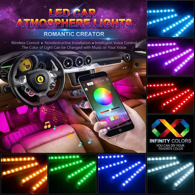 سيارة الداخلية Led أضواء RGB المحيطة LED قطاع السيارات القدم أضواء جو مصباح للزينة USB اللاسلكية عن بعد تحكم بالموسيقى
