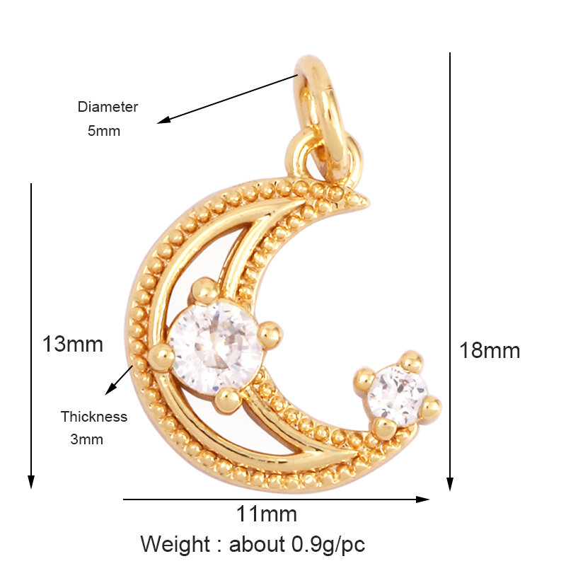 قمر صغير CZ حلية ، 18K لون الذهب الحقيقي مطلي ، قلادة سوار قلادة لمستلزمات المجوهرات المصنوعة يدويا
