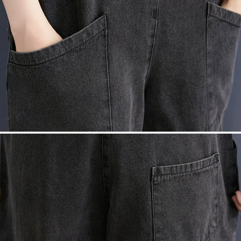 #2358 أسود أزرق السباغيتي حزام Playsuit النساء فضفاضة واسعة الساق Playsuit مع جيوب بذلة قصيرة عادية فام وزرة الدنيم