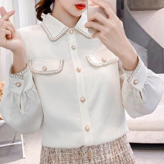 قميص أبيض نسائي خريف/شتاء 2020 النسخة الكورية الجديدة من التطريز البري قميص شيفون علوي مع قميص قصير مخملي زائد