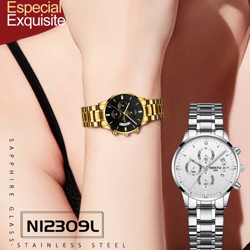 NIBOSI ساعات النساء العلامة التجارية الفاخرة الفولاذ المقاوم للصدأ حزام ساعة اليد للنساء على مدار الساعة موضة كرونوغراف كوارتز السيدات ساعة
