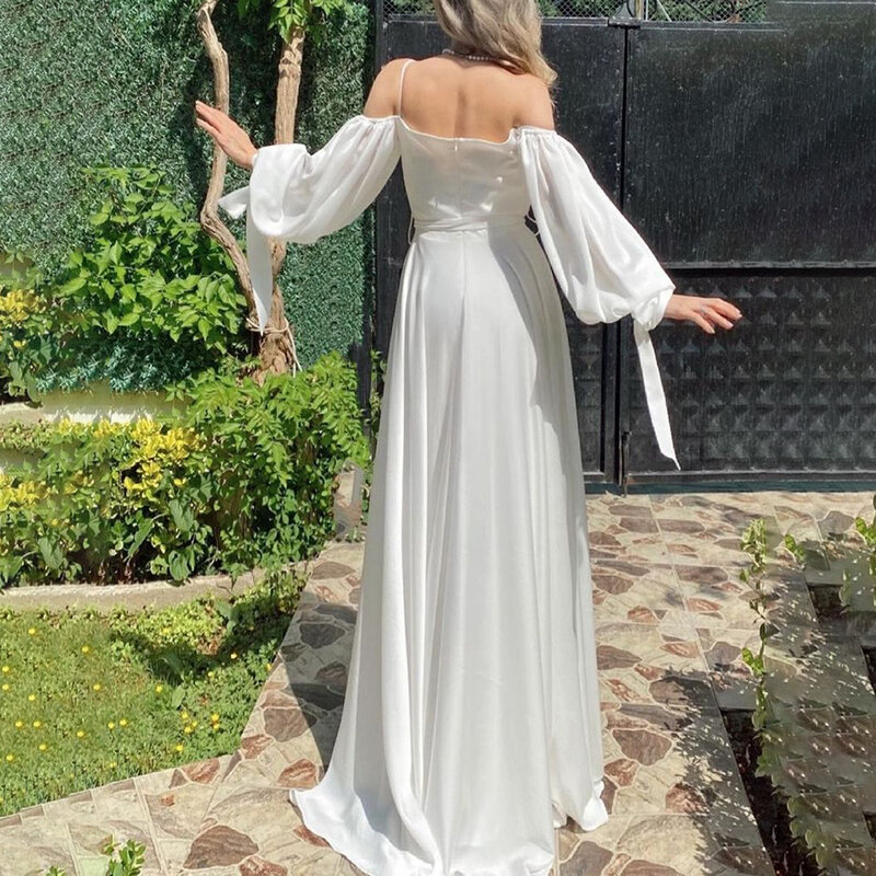 ريفي Ruched الشيفون فستان الزفاف مخصص السباغيتي الأشرطة طول الكلمة الباردة الكتف طويل فانوس الأكمام فستان زفاف