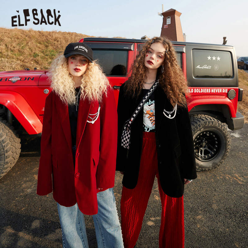 ELFSACK الصلبة شيك سلسلة واحدة الصدر المرأة سترة الكورية ، 2021 الشتاء خمر السيدات الكورية المعتاد اليومية
