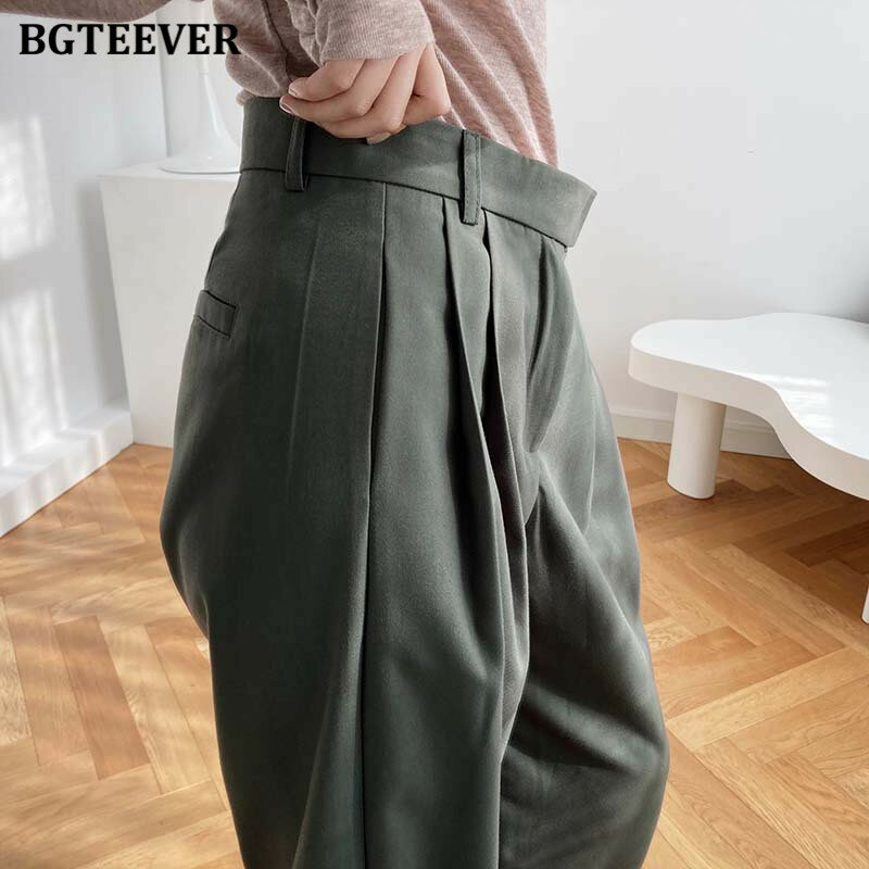BGTEEVER موضة جديدة خريف شتاء فضفاض المرأة الطابق طول بنطلون عادية عالية الخصر جيوب السيدات بنطال ذو قصة أرجل واسعة 2021