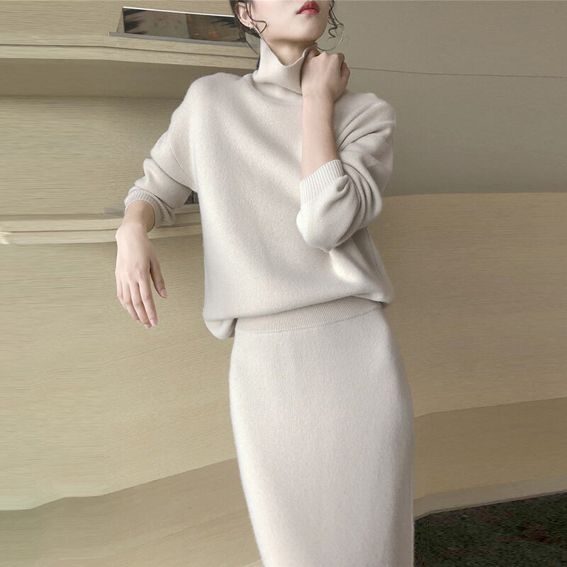 فستان حريمي موضة 2020 خريف وشتاء موضة جديدة بدلة محبوكة سترة ضيقة + تنورة بدلة من قطعتين