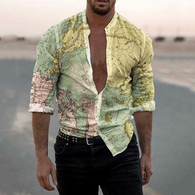 قميص غير رسمي خريطة طباعة كول تنفس كم طويل أزرار إغلاق الرجال قميص لقضاء عطلة الرجال قميص