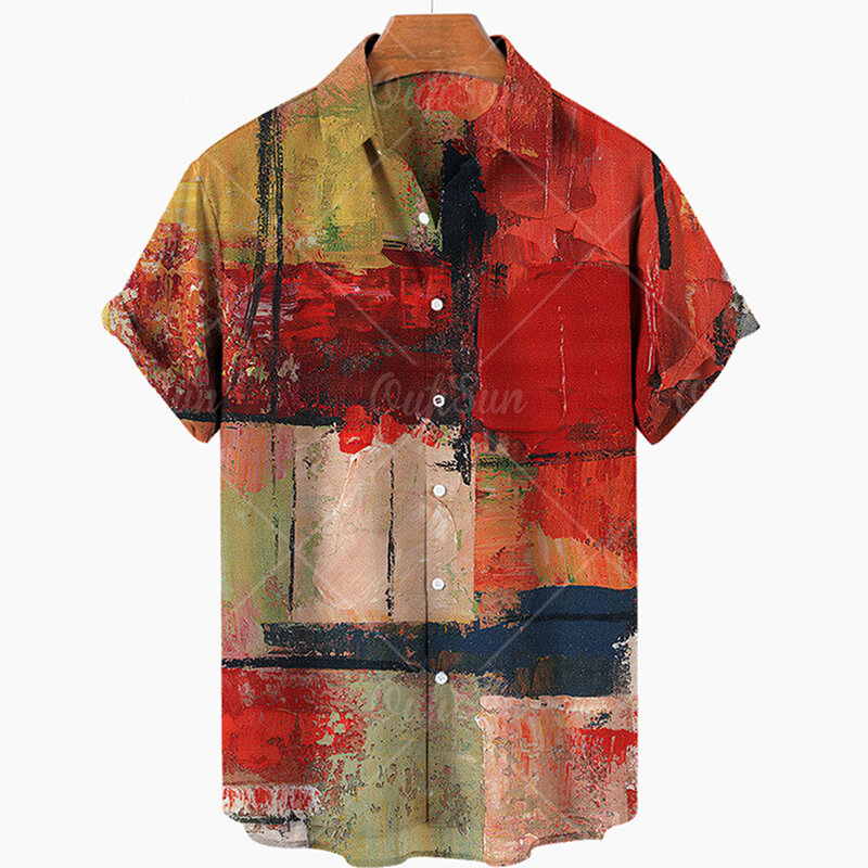 جديد الصيف النفط اللوحة ثلاثية الأبعاد شاطئ هاواي 2022 الصيف قميص قصير الأكمام قميص الشارع الشهير المتضخم قميص Camisa الاجتماعية الرجال