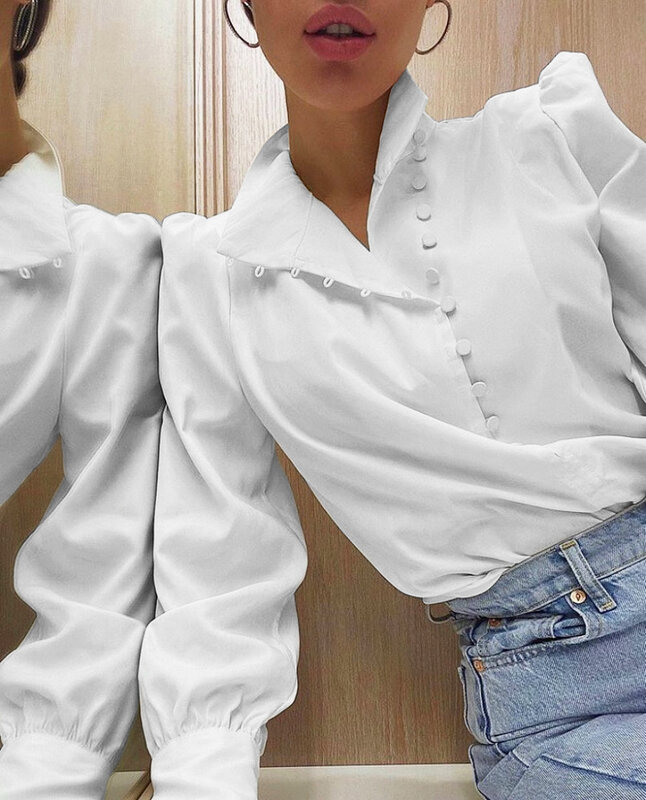 المرأة الأبيض قميص مكتب الربيع أنيقة الياقة المدورة بلوزة بلوزات بأكمام طويلة عادية الصلبة واحدة الصدر نفخة كم البلوزات #2