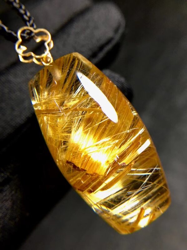 الذهب الطبيعي Rutilated قلادة من الكوارتز 30.5*17 مللي متر برميل الكريستال الغنية Rutilated مجوهرات النساء الرجال البرازيل AAAAAAA