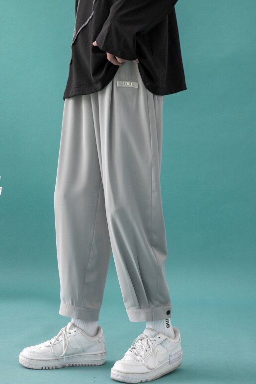 الجليد الحرير سراويل تقليدية الرجال الصيف رقيقة الكورية نمط العصرية Ins جميع مطابقة واسعة الساق فضفاض مستقيم رمادي بنطلون