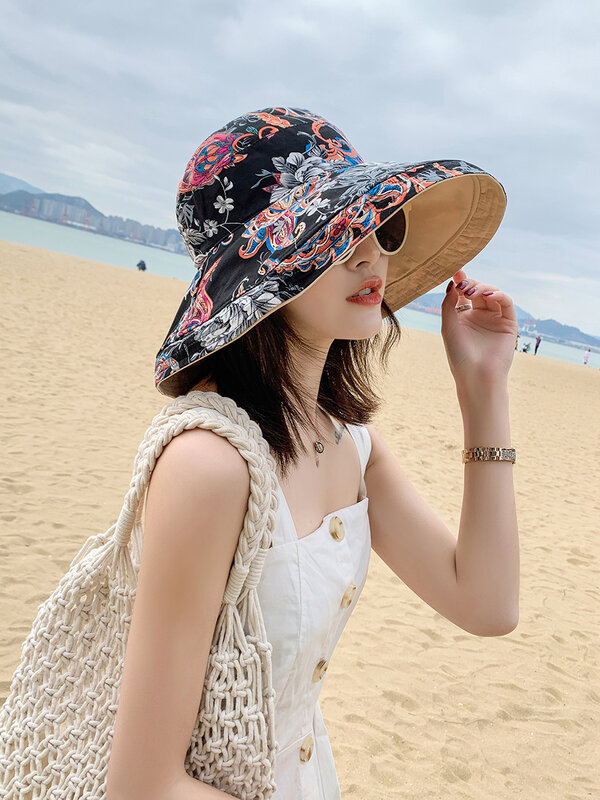 جديد الصيف النساء الوجهين القطن الكتان قبعة الشمس أنيقة كبيرة واسعة حافة طوي المضادة للأشعة فوق البنفسجية شاطئ الشمس قبعات مرنة قبعات مسطحة